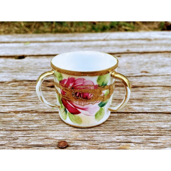 Antique Nippon Hand Painted Roses 3 Handle Loving Cup Small - Picture 8 of 12